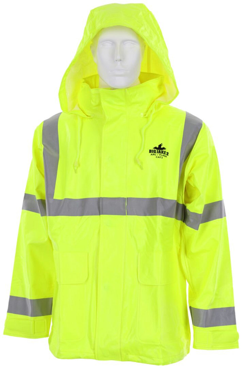 MCR Big Jake 2 Rainwear - PVC / Meta-Aramid Fabric - Flame Resistant Rain Jacket - ANSI Class 3 High Visibility Standard - CAT2 - Arc Rating ATPV 11 cal / cm² - ASTM F903 Tested