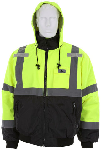 MCR Luminator® Series - Hi-Vis Bomber Jacket - Meets ANSI/ISEA 107 2020 Standards - Type R Class 3 Compliant - Insulated Rain Jacket - Fluorescent Lime/Black - Silver Reflective Stripes
