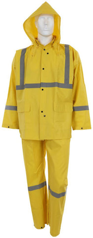 MCR Luminator® Series Reflective Rain Gear - .35mm PVC / Polyester 3 Piece Rain Suit - Waterproof Yellow - Jacket with Corduroy Collar & Detachable Hood - Bib Pants with Fly Front