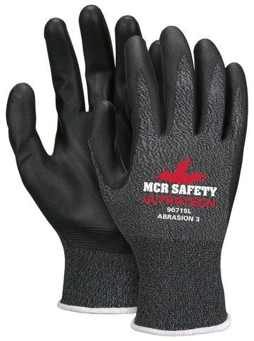 MCR Safety Work Gloves - 15 Gauge Salt and Pepper Nylon Shell - Black Nitrile Foam Palm and Fingertips - Vending Packaged - Case of 96