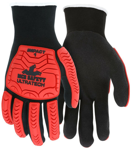 MCR Safety UltraTech® - Mechanics Gloves - Black Sandy Nitrile Foam Palm Fingertips - TPR Back of Hand Protection - 13-Gauge Nylon Shell - Vending Packaged - Vending Packaged - Case of 96