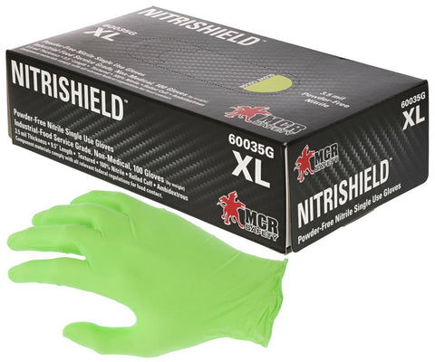 MCR NitriShield™ Gloves - 3.5 mil (4 g) Powder Free Disposable Nitrile - Industrial Food Service Grade - Textured Finish - 9.5 Inches Long - Green - Box of 100