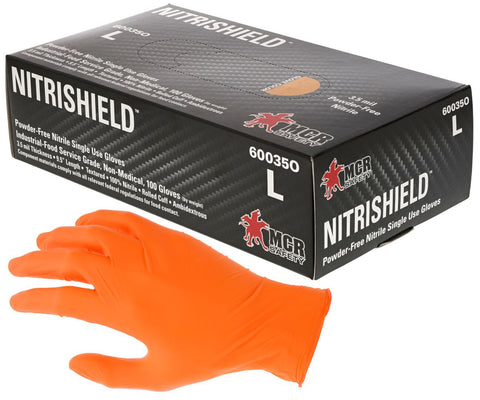 MCR NitriShield™ Gloves - 3.5 mil (4 g) Powder Free Disposable Nitrile - Industrial Food Service Grade - Textured Finish - 9.5 Inches Long - Orange - Box of 100