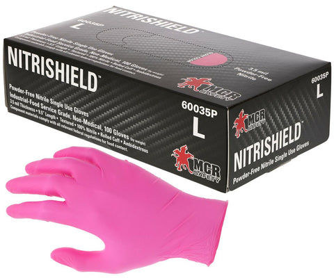 MCR NitriShield™ Gloves - 3.5 mil (4 g) Powder Free Disposable Nitrile - Industrial Food Service Grade - Textured Finish - 9.5 Inches Long - Pink - Box of 100