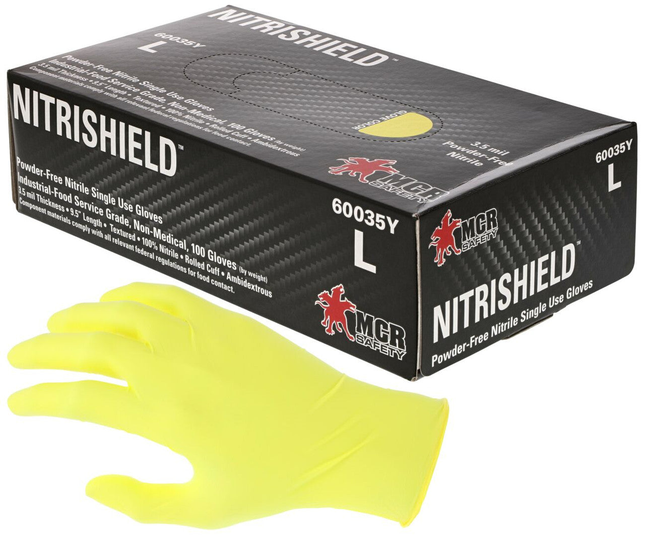 MCR NitriShield™ Gloves - 3.5 mil (4 g) Powder Free Disposable Nitrile - Industrial Food Service Grade - Textured Finish - 9.5 Inches Long - Yellow - Box of 100