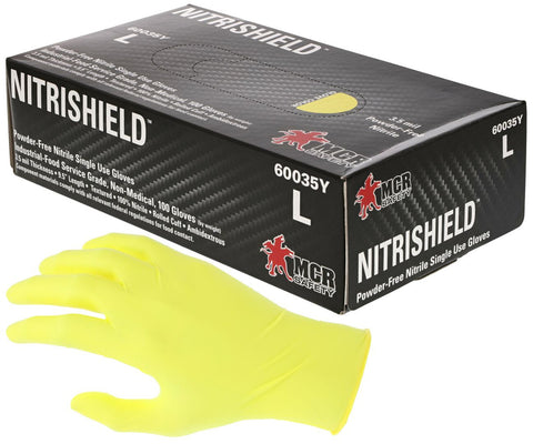 MCR NitriShield™ Gloves - 3.5 mil (4 g) Powder Free Disposable Nitrile - Industrial Food Service Grade - Textured Finish - 9.5 Inches Long - Yellow - Box of 100