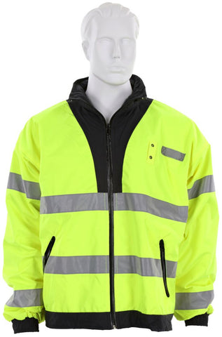 MCR Luminator® Series - Hi-Visibility Gear - Reversible Bomber Jacket - Lime to Black PU/Cotton Polyester Fabric - Meets ANSI/ISEA 107 2020 Standards - Type R Class 3 Compliant - Attached Hide-Away Hood
