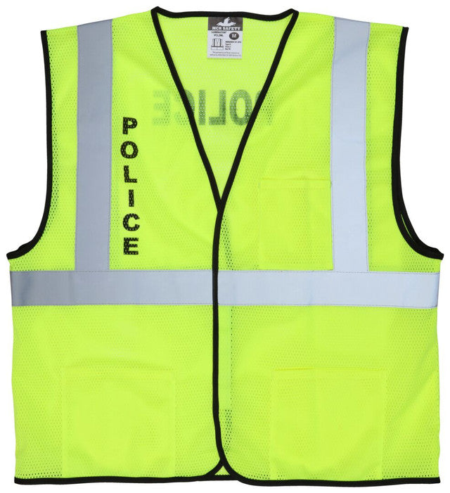 MCR Hi-Vis Lime Safety Vest - Meets ANSI/ISEA 107 Standard - Type R Class 2 Compliant - Breathable Mesh Fabric - 2 Inch Silver Reflective Stripes - Hook and Loop Front Closure - Imprinted with Police Logo on Front Chest and Across Back