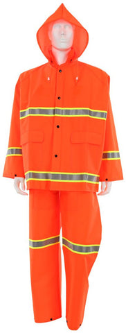 MCR Luminator® Series Reflective Rain Gear - .35mm PVC / Polyester Rainwear - 3 Piece Waterproof Orange Rain Suit - Jacket with Detachable Hood and Bib Pants