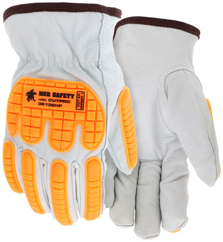 MCR Safety CutPro® Leather Drivers - Cut Resistant Work Gloves - Grain Goatskin Leather with HyperMax® HPPE Liner - Orange TPR Back of Hand Protection - Keystone Thumb - Box of 12