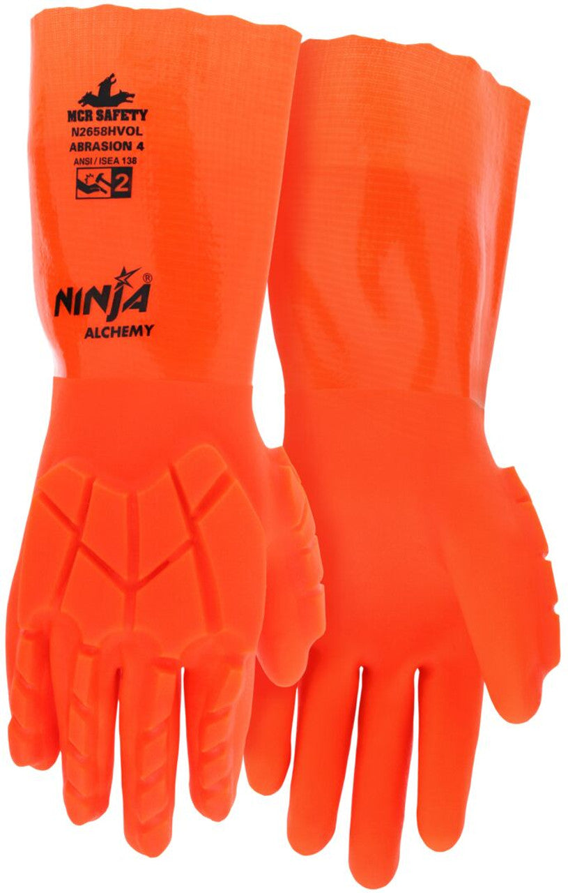 MCR Ninja® Alchemy Work Gloves - 15-Gauge Nylon Shell - Fully Double Coated with PVC - TPR Back-of-Hand Impact Protection - 14-Inch Gauntlet Cuff - Hi-Visibility Water-Proof Glove with Level 2 Impact Protection