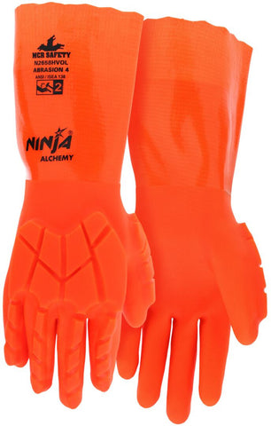 MCR Ninja® Alchemy Work Gloves - 15-Gauge Nylon Shell - Fully Double Coated with PVC - TPR Back-of-Hand Impact Protection - 14-Inch Gauntlet Cuff - Hi-Visibility Water-Proof Glove with Level 2 Impact Protection
