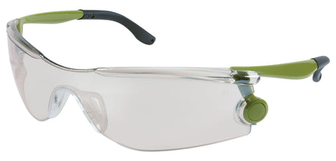MCR MT1 Series Safety Glasses - I/O Clear Mirror Lens - Mantis Green Temples - Duramass Hard Coating - Box of 12 - Part# MT129