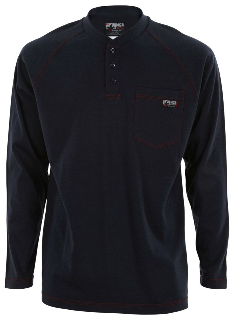 MCR Safety FR Gear - Navy Blue Flame Resistant (FR) Work Shirt - Long Sleeve Henley Shirt - 100% Cotton - NFPA 70E and NFPA 2112 Compliant
