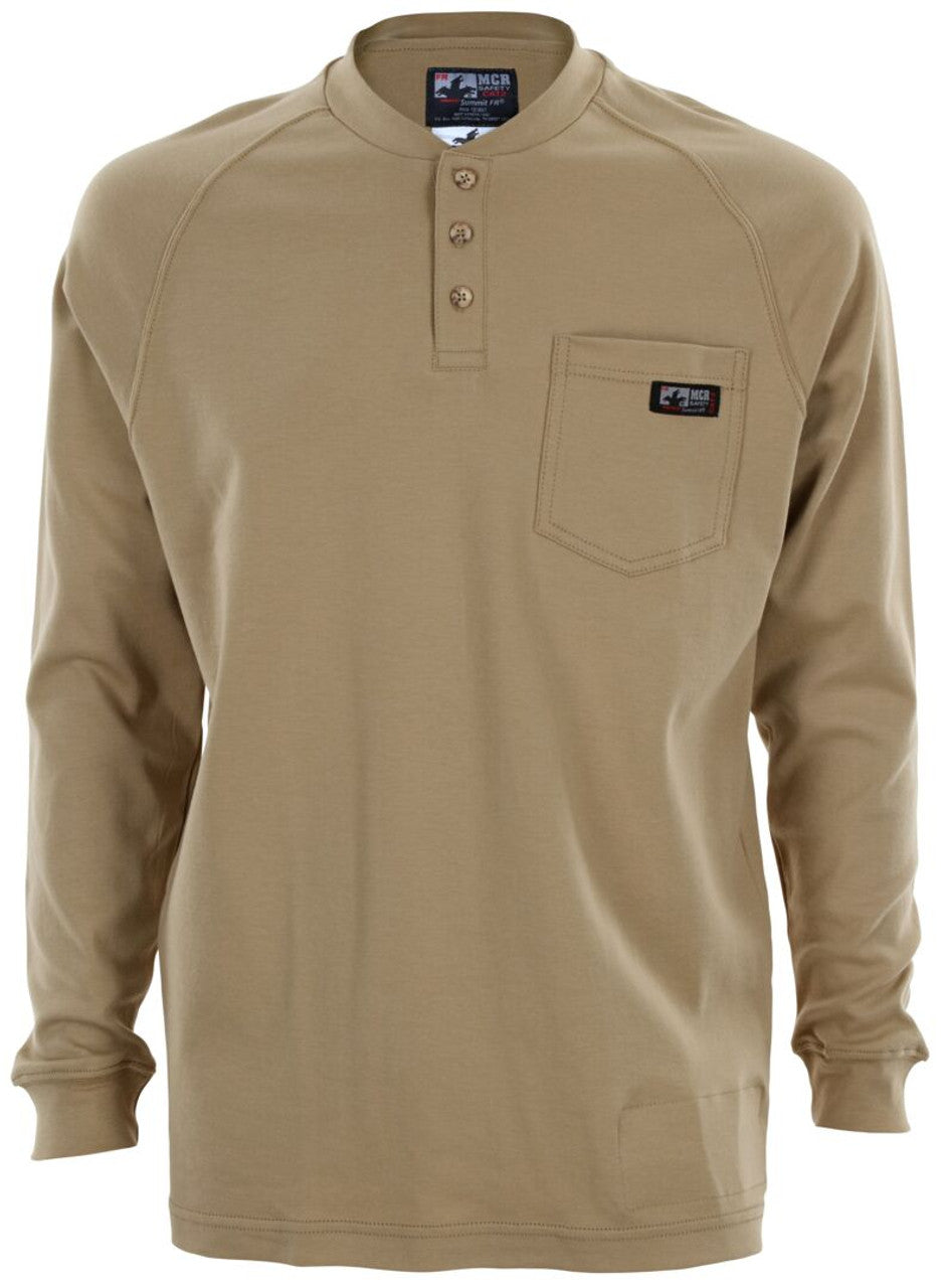 MCR Safety FR Gear - Tan Flame Resistant (FR) Work Shirt - Long Sleeve Henley Shirt - 100% Cotton - NFPA 70E and NFPA 2112 Compliant