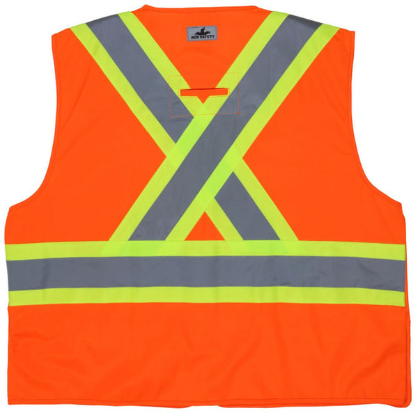MCR Luminator® Series Hi-Vis Reflective Orange Safety Vest 4-Inch Lime Silver Stripes X-Pattern Back Meets ANSI/ISEA 107 2020 Standard Type R Class 3 Compliant Meets CSA Z96 Class 2 5-point breakaway pattern