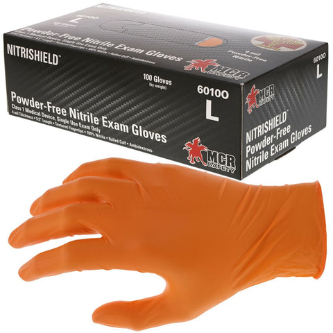 MCR NitriShield™ Gloves - 4 mil (5.03 g) Powder Free Disposable Nitrile - Premium Medical Grade - Class 1 Medical Device - Textured Grip - 9.5 Inches - Orange - Box of 100