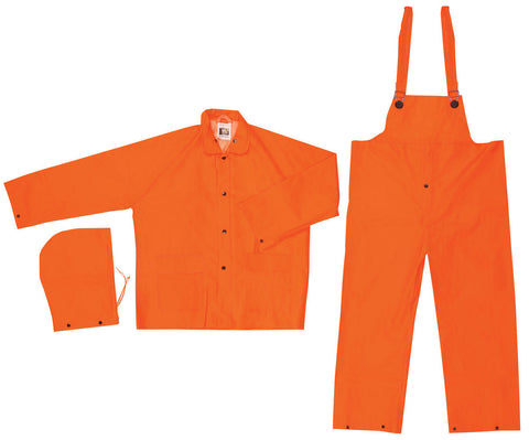 MCR Classic Series Rain Gear .35mm PVC / Polyester Material 3 Piece Waterproof Orange Rain Suit Rain Jacket, Detachable Hood and Bib Pants