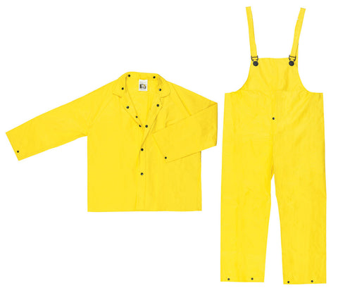 MCR Wizard Series Rain Gear - .28 mm PVC / Nylon / PVC Material - 3 Piece Waterproof Yellow Rain Suit - Jacket with Detachable Hood and Bib Pants - ASTM F903 Tested