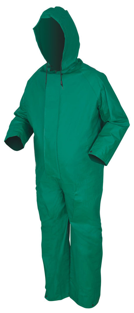 MCR Dominator Series Rain Gear - .42mm PVC / Polyester / PVC Rainwear - 1 Piece Waterproof Green Rain Coverall with Zipper Front Closure - Elastic Inner Sleeves