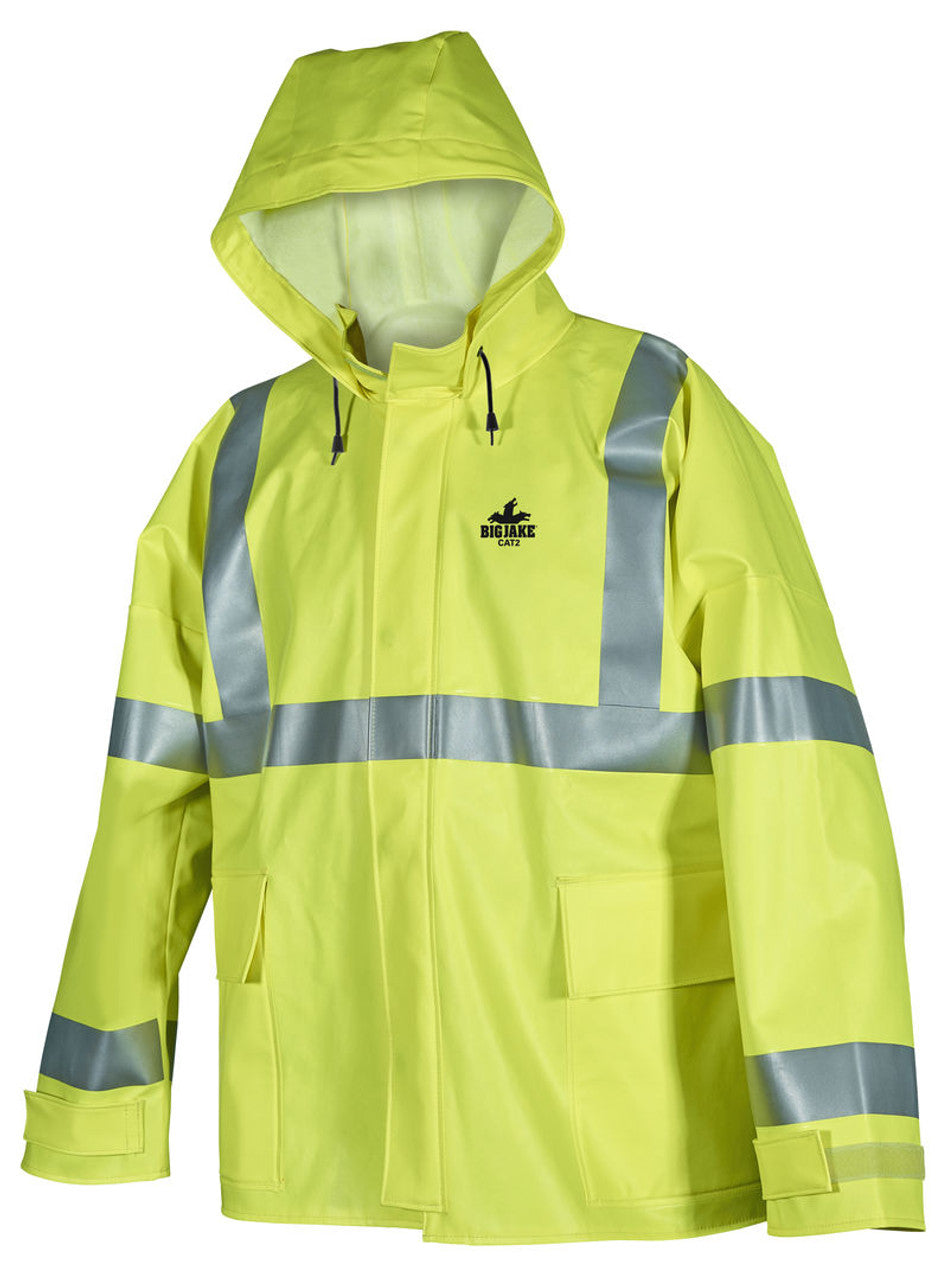 MCR Big Jake Rainwear Series PVC / Nomex® Flame Resistant Jacket with Attached Hood Class 3 Type R High Visibility Standard ARC Rated HRC2/CAT2 ATPV 8.9 cal/cm