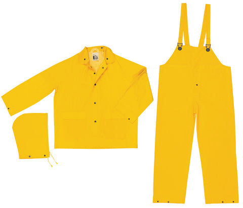 MCR Classic Series Rain Gear - .35mm PVC / Polyester Material - 3 Piece Waterproof Yellow Rain Suit - Rain Jacket with Detachable Hood and Bib Pants - Limited Flammability