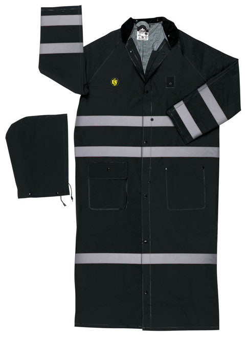 MCR Classic Plus Series Reflective Rain Gear - .35mm PVC / Polyester Material - Waterproof Ankle Length Black Raincoat - Detachable Hood and Corduroy Collar - Limited Flammability - Silver Reflective Stripes