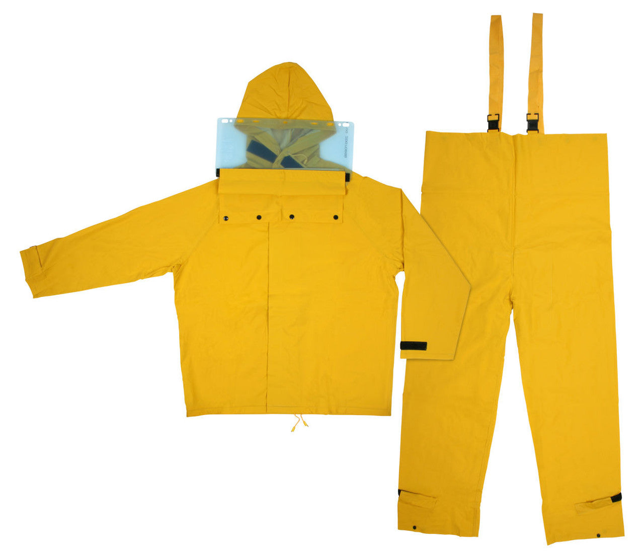 MCR Hydroblast Series Rain Gear - .35mm Yellow PVC / Polyester Rain Wear - 2 Piece Hydroblasting Rain Suit - Rain Jacket with Attached Hood and Bib Pants