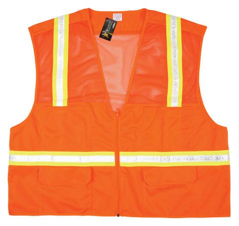 MCR Orange Safety Vest - Mesh Upper Torso - Solid Lower Torso - 1¾ Inch White & Lime Reflective Stripes - 6 Pockets - Zipper Front Closure - Non-ANSI Rated - Part# HS201VM