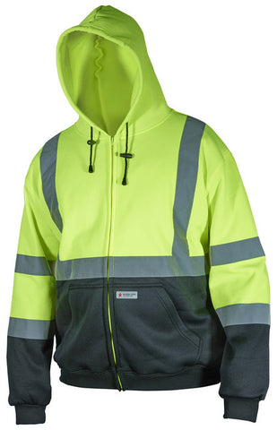 MCR Luminator® Series - Polyester Lime/Black Hoodie - Zipper Front and Attached Drawstring Hood - Meets ANSI/ISEA 107 2020 Standard - Type R Class 3 Compliant