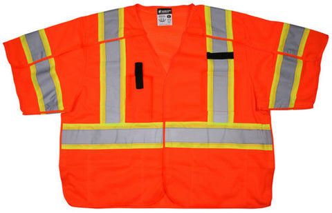 MCR Hi-Vis Reflective Orange Safety Vest - ANSI/ISEA 107 2020 Type R Class 3 - Mesh Fabric with 3-Inch Lime Silver Stripes