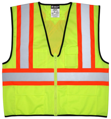 MCR Hi-Vis Reflective Lime Safety Vest - 4 Inch Orange Silver Stripes - Zipper Front Closure - Meets ANSI/ISEA 107 2020 Standards - Type R Class 2 Compliant - CSA Z96 Class 2 Level 2 Compliant