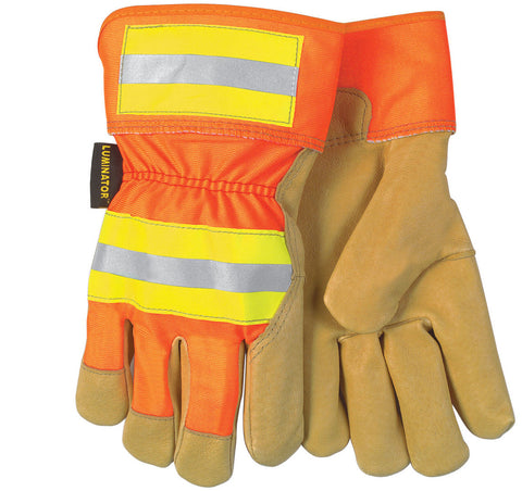MCR Luminator® Series - Hi-Visibility Leather Palm Work Gloves - Premium A Grade Grain Pigskin Leather - 2.5 Inch Plasticized Safety Cuff - Fleece Lined Palm - Silver Reflective Stripes - Box of 12