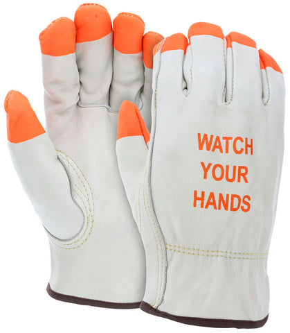 MCR Leather Drivers Work Gloves - Competitive Value (CV) C Grade Grain Cowskin Leather - Orange Watch Your Hands Logo - Orange Fingertips - Box of 12