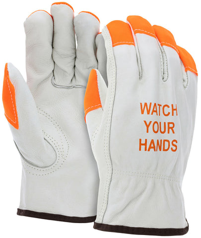 MCR Leather Drivers Work Gloves - Competitive Value (CV) C Grade Grain Cowskin - Orange Watch Your Hands Logo - Stitched Orange Fingertips - Box of 12