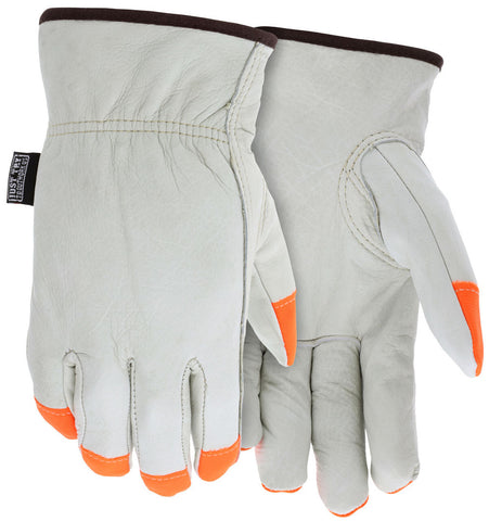 MCR Cowskin Leather Drivers Gloves -CV Grade Cowskin Leather - Insulated Gloves with Thermal Lining - Orange Accents on Fingertips - Keystone Thumb - Large - Box of 12 - Part# 3280LCHVSP