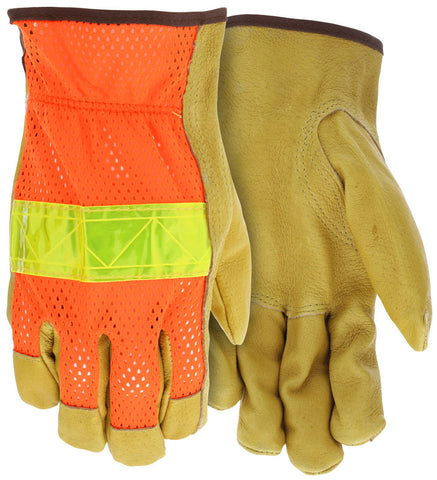 MCR Luminator® Hi-Visibility Leather Drivers Work Gloves - Premium A Grade Grain Pigskin - Breathable Mesh Back - Keystone Thumb - Box of 12