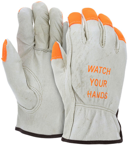 MCR Leather Drivers Work Gloves CV Grade Grain Pigskin Orange Fingertips and Watch Your Hands Logo Keystone Thumb - Box of 12