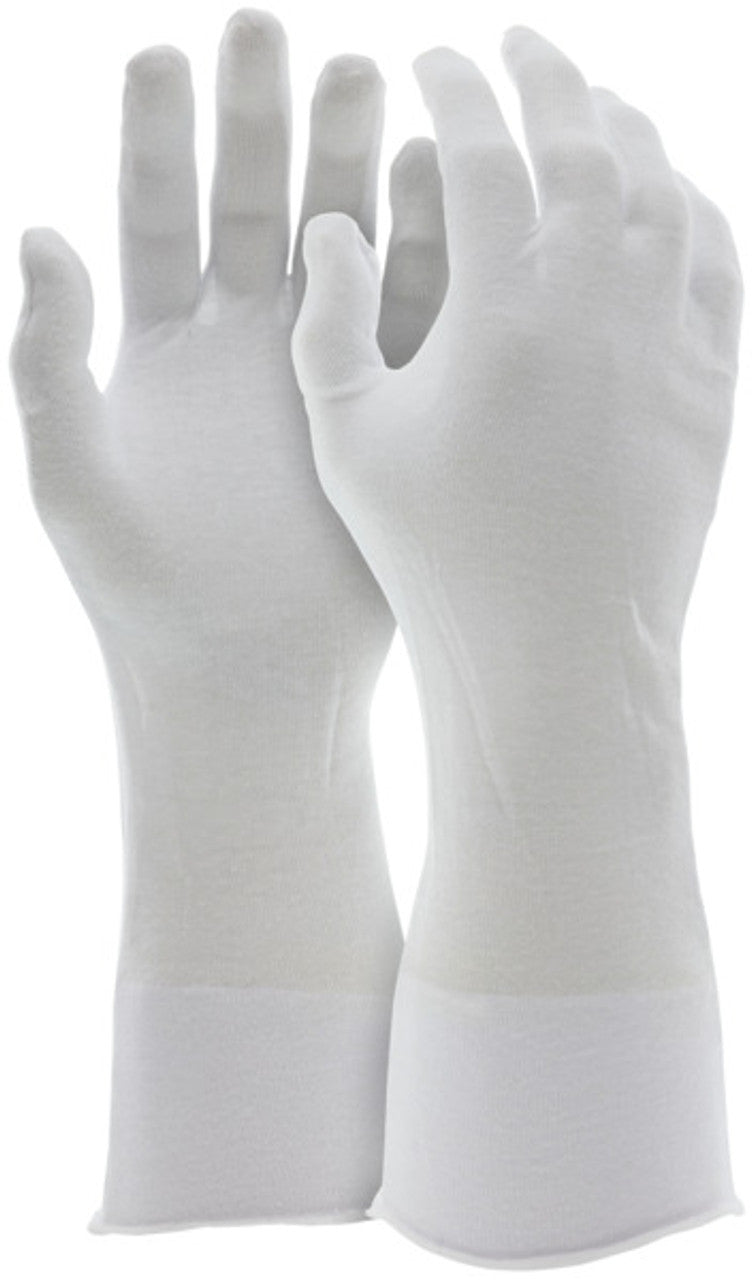 MCR Long White Inspectors Gloves - Reversible and Unhemmed - 100% Cotton Lisle - 14 Inch Length - Straight Thumb - Case of 100