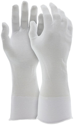 MCR Long White Inspectors Gloves - Reversible and Unhemmed - 100% Cotton Lisle - 14 Inch Length - Straight Thumb - Case of 100