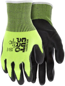 MCR Safety CutPro® - 13 Gauge HyperMax® HPPE Shell - Hi Vis Cut Resistant Work Gloves - Polyurethane (PU) Coated Palm and Fingertips - Black PU Palm hides Dirt and Grime - Box of 12