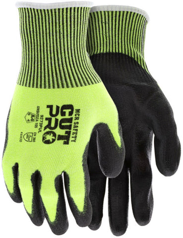 MCR Safety CutPro® - 13 Gauge HyperMax® HPPE Shell - Hi Vis Cut Resistant Work Gloves - Polyurethane (PU) Coated Palm and Fingertips - Black PU Palm hides Dirt and Grime - Box of 12
