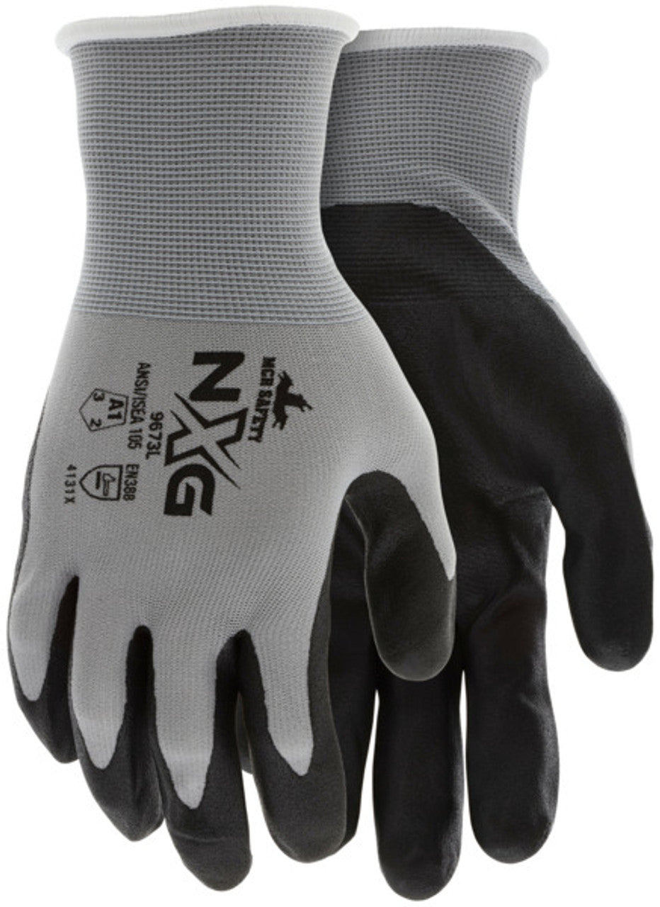 MCR Safety NXG® Work Gloves - 13 Gauge Gray Nylon - Black Nitrile Foam Coated Palm and Fingertips - Box of 12