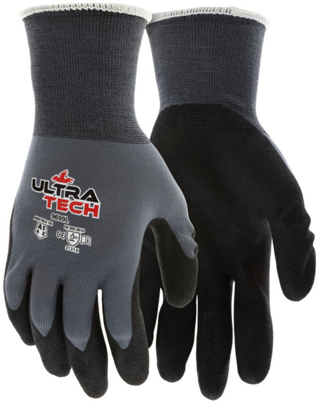 MCR Safety UltraTech® Work Gloves - 15 Gauge Gray Nylon Shell - Black HPT Palm and Fingertips - Box of 12