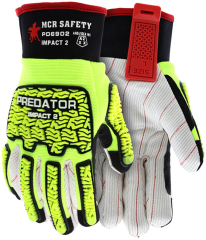 MCR Predator® Mechanics Gloves - Hi-Visibility Work Gloves - Tire Tread TPR on Back, Fingers, and Thumb - Corded Cotton Double Palm - Box of 12