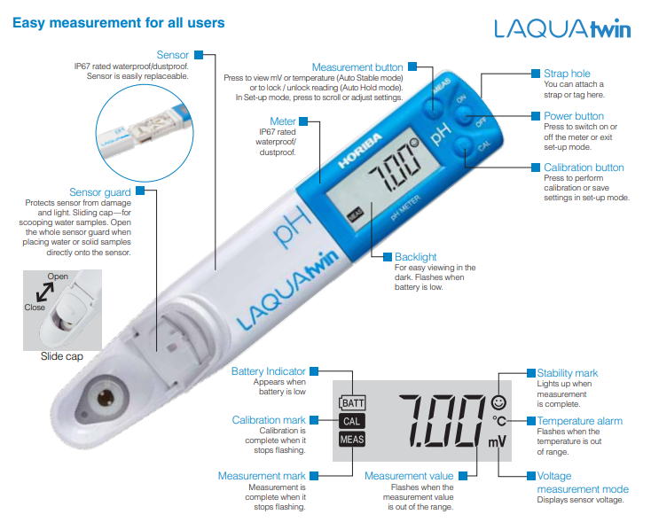 Horiba LAQUAtwin Pocket Meters- pH 11 (2-Point Cal, No Temp Display)-C